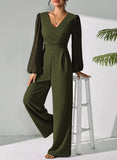 Pink Queen Elegant Jumpsuits for Women Dressy Patchwork Chiffon Sleeve V Neck Wide Leg Romper Holiday Party Outfits