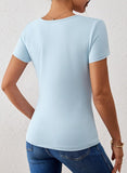 Pink Queen Women Summer Tops Stylish Deep V-Neck Short Sleeve Shirt with Metal Ring Decor