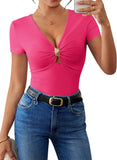 Pink Queen Women Summer Tops Stylish Deep V-Neck Short Sleeve Shirt with Metal Ring Decor
