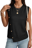 Pink Queen Women's Round Neck Knit Sweater Vest Casual Button Decoration Irregular Hem Tunic Sleeveless Pullover Top