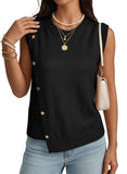 Pink Queen Women's Round Neck Knit Sweater Vest Casual Button Decoration Irregular Hem Tunic Sleeveless Pullover Top