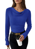 Pink Queen 2026 Fall Tops for Women Trendy Long Sleeve Cowl Neck Ruched Slim Fit Ribbed Knit Basic Shirts