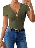 Pink Queen Women Summer Tops Stylish Deep V-Neck Short Sleeve Shirt with Metal Ring Decor
