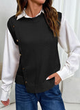 Pink Queen Women's Round Neck Knit Sweater Vest Casual Button Decoration Irregular Hem Tunic Sleeveless Pullover Top