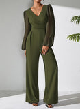 Pink Queen Elegant Jumpsuits for Women Dressy Patchwork Chiffon Sleeve V Neck Wide Leg Romper Holiday Party Outfits