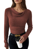 Pink Queen 2026 Fall Tops for Women Trendy Long Sleeve Cowl Neck Ruched Slim Fit Ribbed Knit Basic Shirts