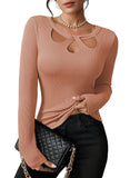 Pink Queen Sexy Tops for Women Fall Clothes Long Sleeve Cutout Keyhole Neck Top Ribbed Knit Shirts