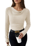 Pink Queen 2026 Fall Tops for Women Trendy Long Sleeve Cowl Neck Ruched Slim Fit Ribbed Knit Basic Shirts