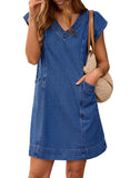 Pink Queen Womens Denim Dress Summer V Neck Short Sleeve Loose Casual Jean Dresses with Pockets