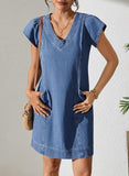 Pink Queen Womens Denim Dress Summer V Neck Short Sleeve Loose Casual Jean Dresses with Pockets
