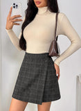 Pink Queen Plaid Skirts for Women with Pockets High Waist Bodycon Button Decor A Line Pencil Wool Mini Skirt Fall Winter