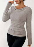 Pink Queen 2026 Fall Tops for Women Trendy Long Sleeve Cowl Neck Ruched Slim Fit Ribbed Knit Basic Shirts
