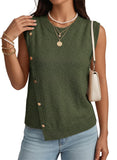 Pink Queen Women's Round Neck Knit Sweater Vest Casual Button Decoration Irregular Hem Tunic Sleeveless Pullover Top