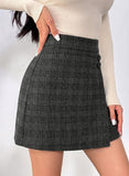 Pink Queen Plaid Skirts for Women with Pockets High Waist Bodycon Button Decor A Line Pencil Wool Mini Skirt Fall Winter