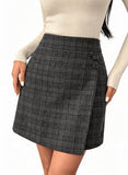 Pink Queen Plaid Skirts for Women with Pockets High Waist Bodycon Button Decor A Line Pencil Wool Mini Skirt Fall Winter