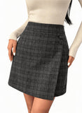 Pink Queen Plaid Skirts for Women with Pockets High Waist Bodycon Button Decor A Line Pencil Wool Mini Skirt Fall Winter