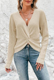 Pink Queen Women's 2025 Casual Pullover Sweaters Sexy V Neck Long Sleeve Twist Knot Cropped Knit Sweater Tops