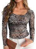 Pink Queen Mesh Tops for Women Long Sleeve Floral See Through Slim Fit Stretchy Casual Going Out Shirts