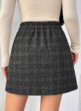 Pink Queen Plaid Skirts for Women with Pockets High Waist Bodycon Button Decor A Line Pencil Wool Mini Skirt Fall Winter
