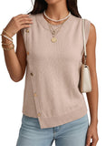 Pink Queen Women's Round Neck Knit Sweater Vest Casual Button Decoration Irregular Hem Tunic Sleeveless Pullover Top