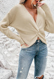 Pink Queen Women's 2025 Casual Pullover Sweaters Sexy V Neck Long Sleeve Twist Knot Cropped Knit Sweater Tops