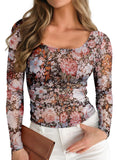 Pink Queen Mesh Tops for Women Long Sleeve Floral See Through Slim Fit Stretchy Casual Going Out Shirts