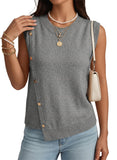 Pink Queen Women's Round Neck Knit Sweater Vest Casual Button Decoration Irregular Hem Tunic Sleeveless Pullover Top