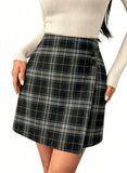 Pink Queen Plaid Skirts for Women with Pockets High Waist Bodycon Button Decor A Line Pencil Wool Mini Skirt Fall Winter