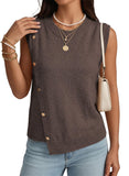 Pink Queen Women's Round Neck Knit Sweater Vest Casual Button Decoration Irregular Hem Tunic Sleeveless Pullover Top