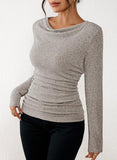 Pink Queen 2026 Fall Tops for Women Trendy Long Sleeve Cowl Neck Ruched Slim Fit Ribbed Knit Basic Shirts
