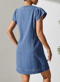 Pink Queen Womens Denim Dress Summer V Neck Short Sleeve Loose Casual Jean Dresses with Pockets