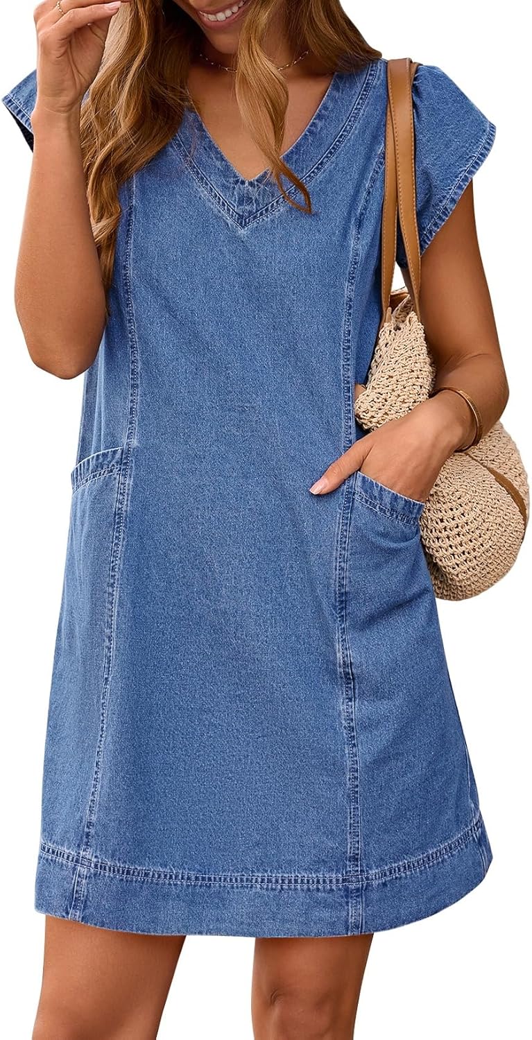 Pink Queen Womens Denim Dress Summer V Neck Short Sleeve Loose Casual Jean Dresses with Pockets