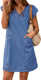 Pink Queen Womens Denim Dress Summer V Neck Short Sleeve Loose Casual Jean Dresses with Pockets