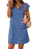Pink Queen Womens Denim Dress Summer V Neck Short Sleeve Loose Casual Jean Dresses with Pockets