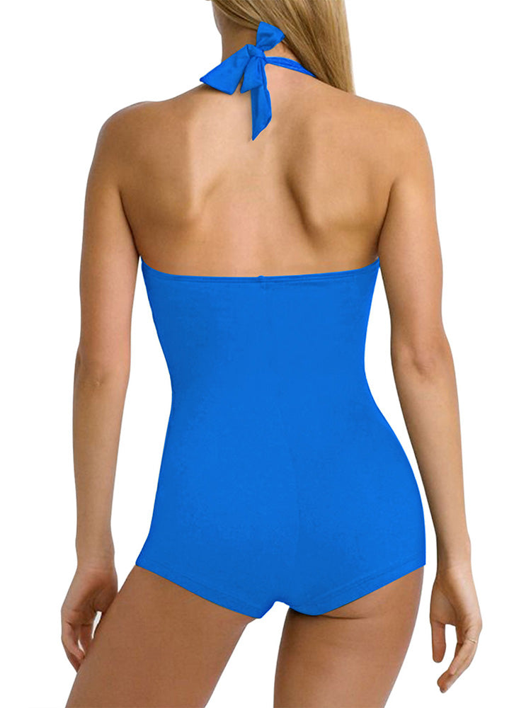 10, Blue) Women Halter Tie Knot Push Up One Piece Bathing Suit Ruched Tummy  Control Swimsuits Backless Monokini Swimwear Plus Size for Women on OnBuy