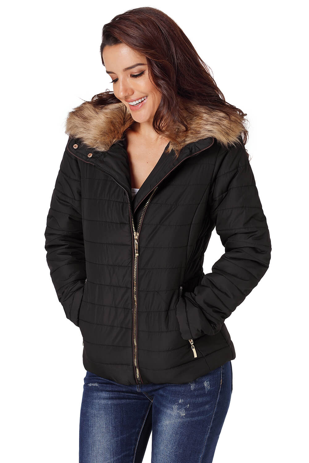 LC85117-2XXL, LC85117-2XL, LC85117-2L, LC85117-2M, LC85117-2S, Winter Coats for Women Camel Faux Fur Collar Trim Black Quilted Jacket Outerwear
