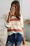 Khaki V-neck Knitted Lantern Sleeve Pullover Sweater