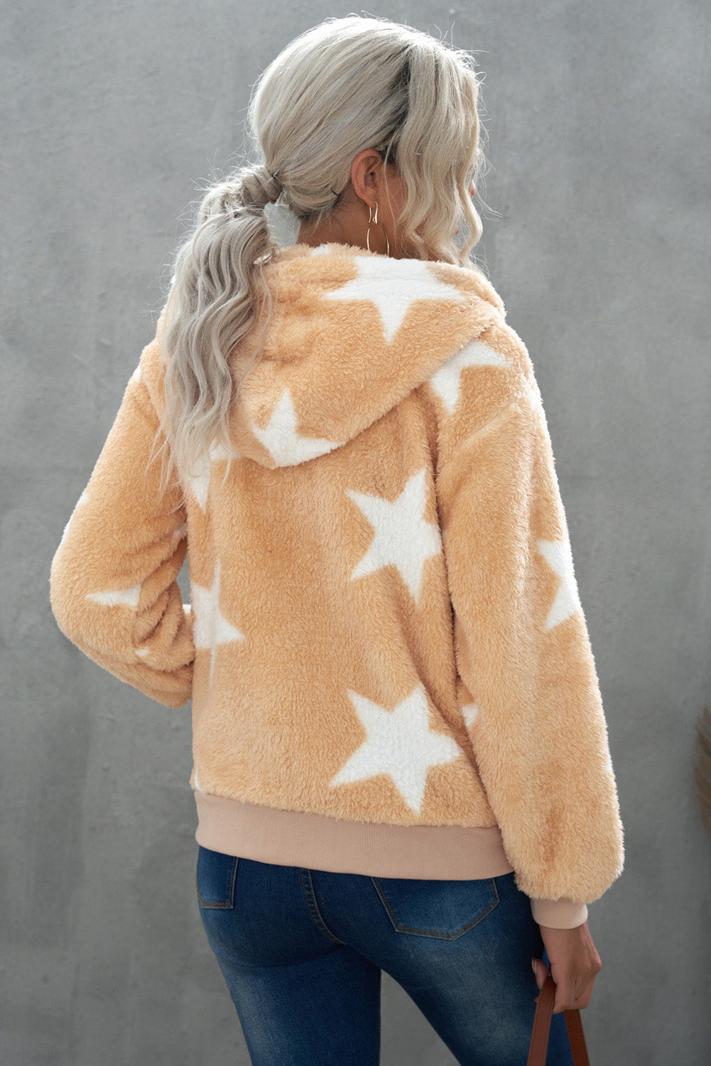 Women's Camo Stars Print Zipper Fleece Hooded Coat with Pockets