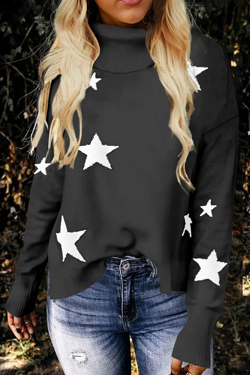 Women's Casual Knit Sweater Top Turtleneck Dropped Sleeve Star Print Sweater
