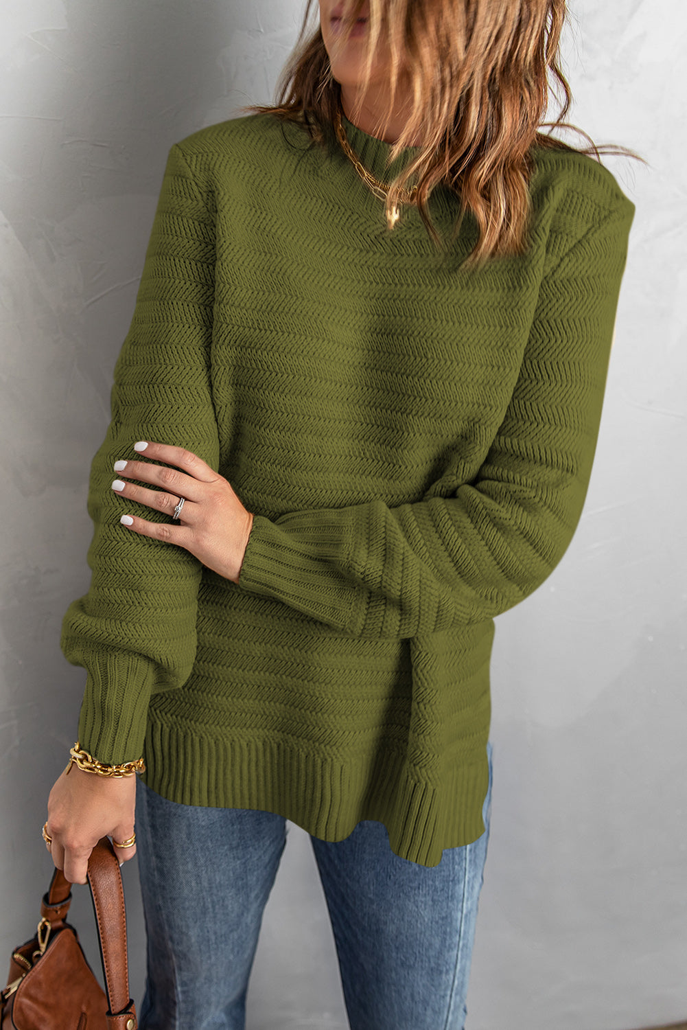 Women's Long Sleeve Knitted Tops Solid Color Mock Neck Pullover Sweater