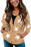 Women's Camo Stars Print Zipper Fleece Hooded Coat with Pockets