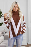 Womens Turtleneck Color Block Striped Knitted Sweater Patchwork Pullover Jumper Tops