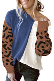 Pull à col en V pour femmes Color Block Leopard Pullover Jumper Tops