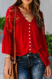 Bell Sleeve Crochet Lace Button V Neck Top