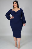 Women's Long Sleeve V Neck Midi Dress Front Knot Plus Size Bodycon Dresses