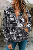 Women's Camo Stars Print Zipper Fleece Hooded Coat with Pockets