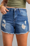 Dark Blue Frayed Hem Denim Shorts