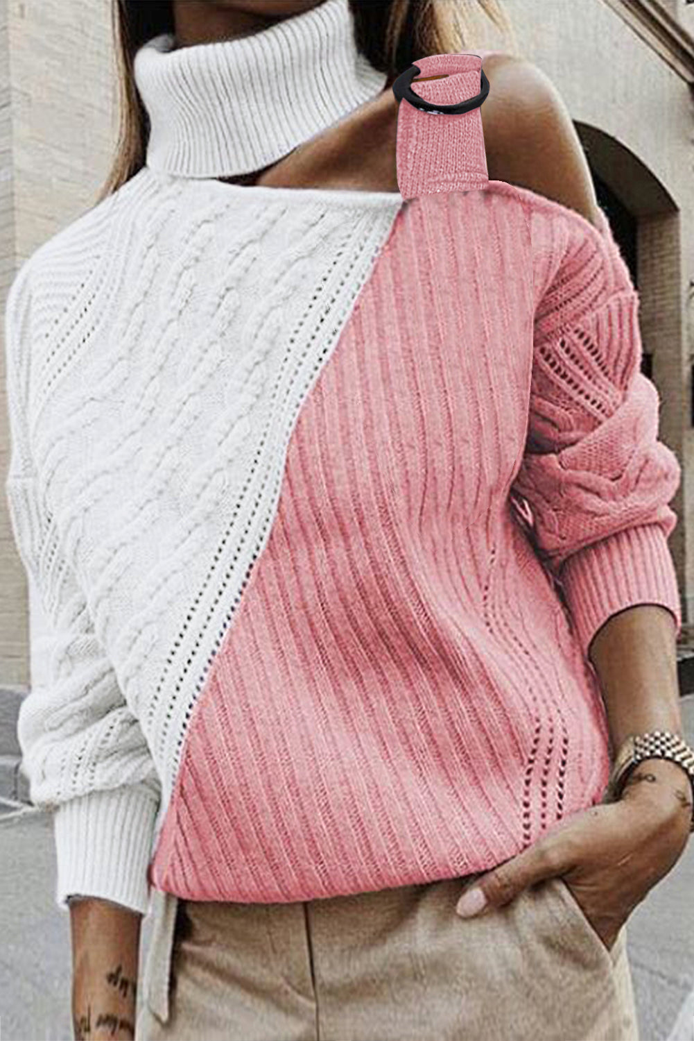 Women's Loose Jumper Knit Tops Turtleneck Cold Shoulder Sweater