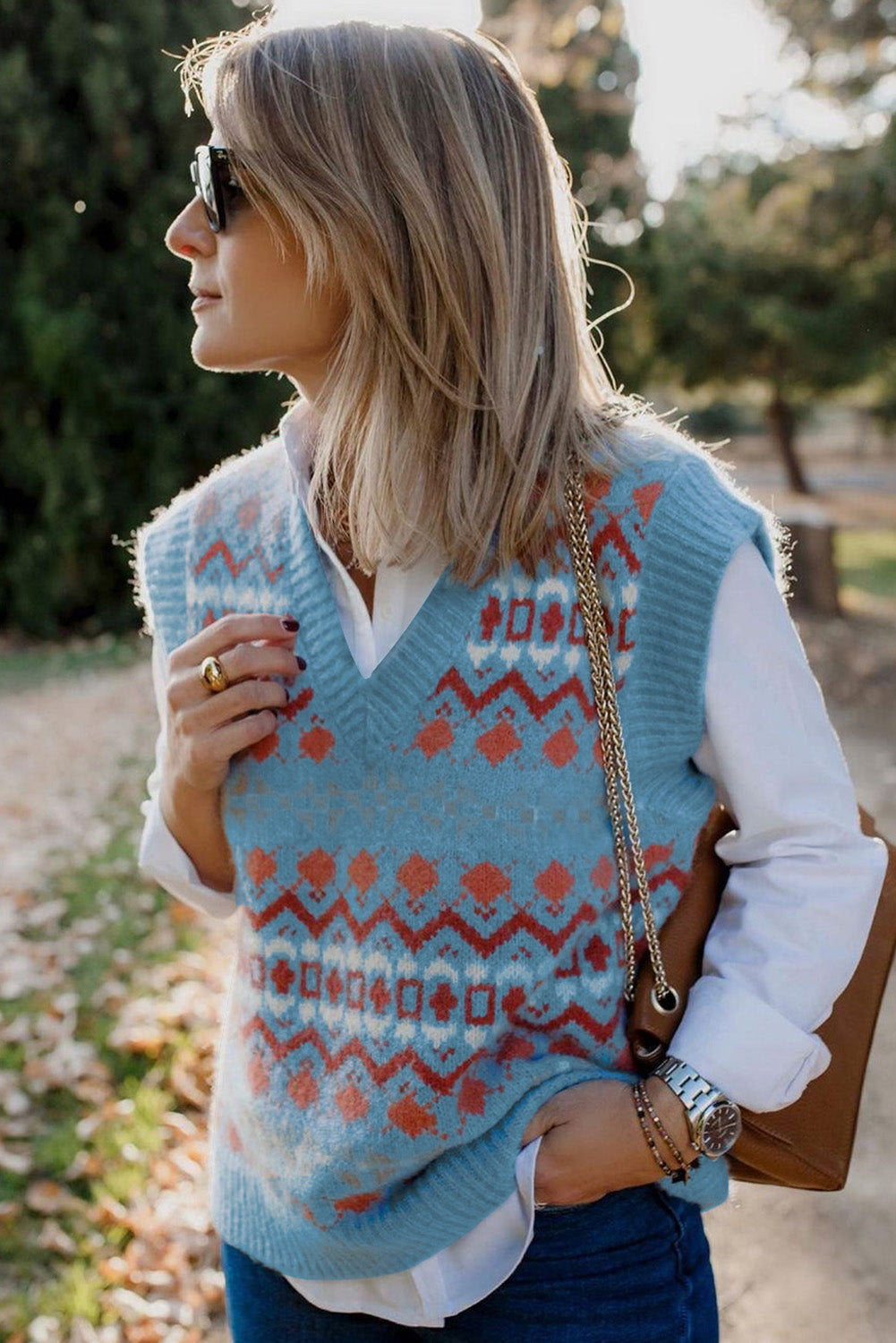 Women's Tribal Print Knitted Sweater Vest Top V Neck Sleeveless Pullover Top