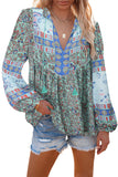 Split Neck Bubble Sleeve Floral Pacthwork Blouse